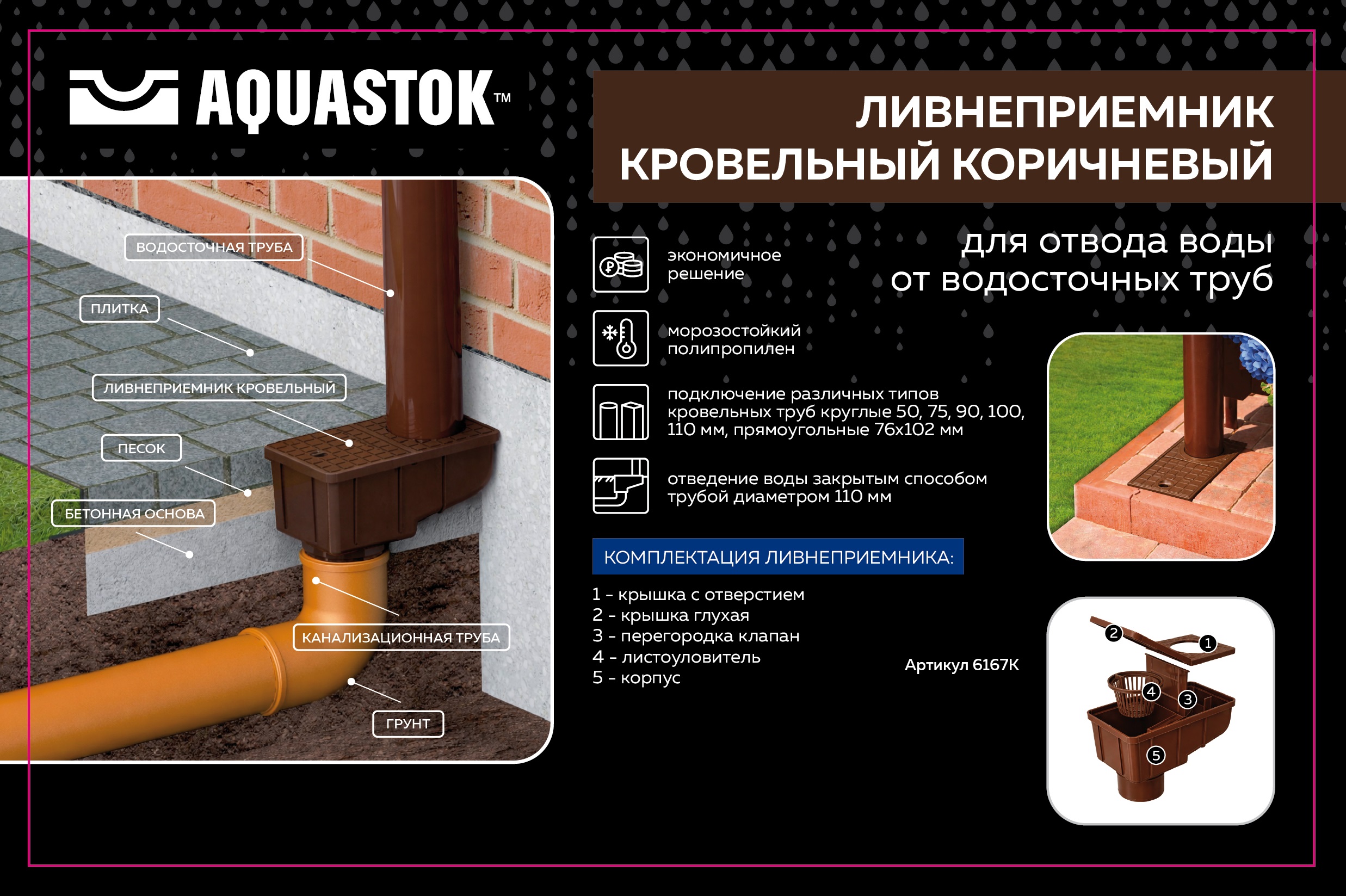 Ливнеприемник кровельный с вертикальным патрубком коричневый 1/6